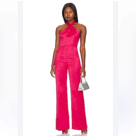 Lovers + Friends Haven Jumpsuit Pink satin Halter one piece Revolve $198 NWT S
